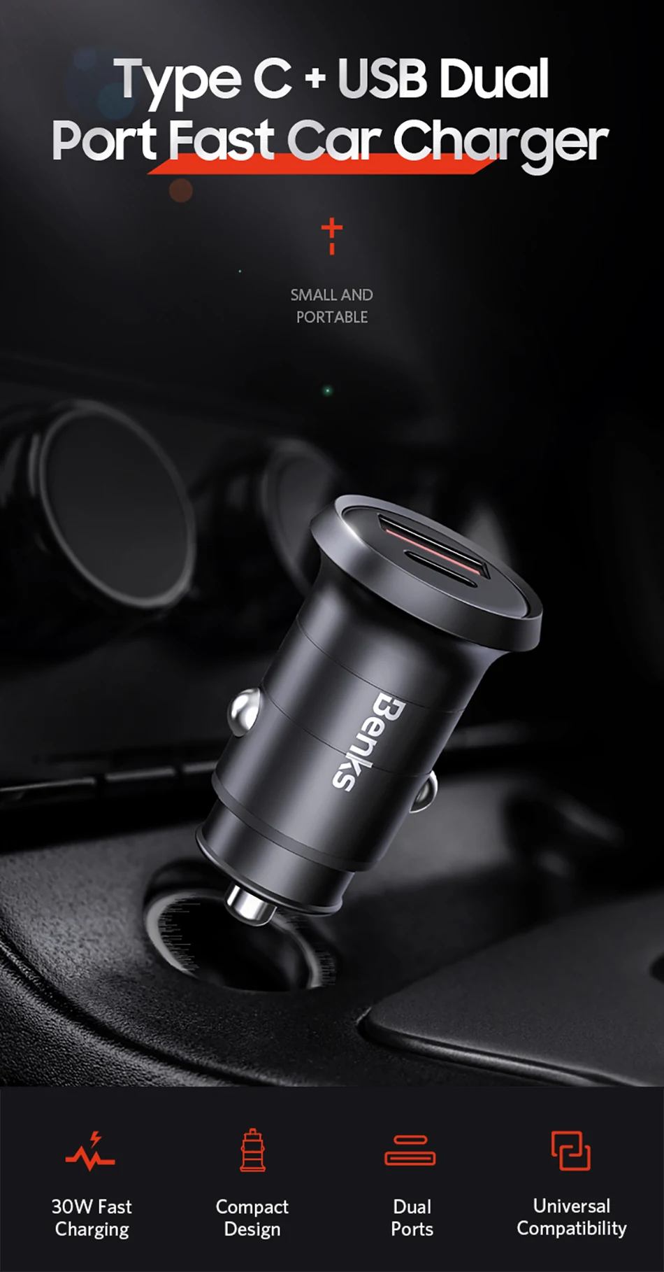 Benks Car Charger Dual Port PD QC 4.0 30W Type C Fast Charging Charger Quick Charge 3.0 For iphone 11 Pro Sumsung Huawei Xiaomi