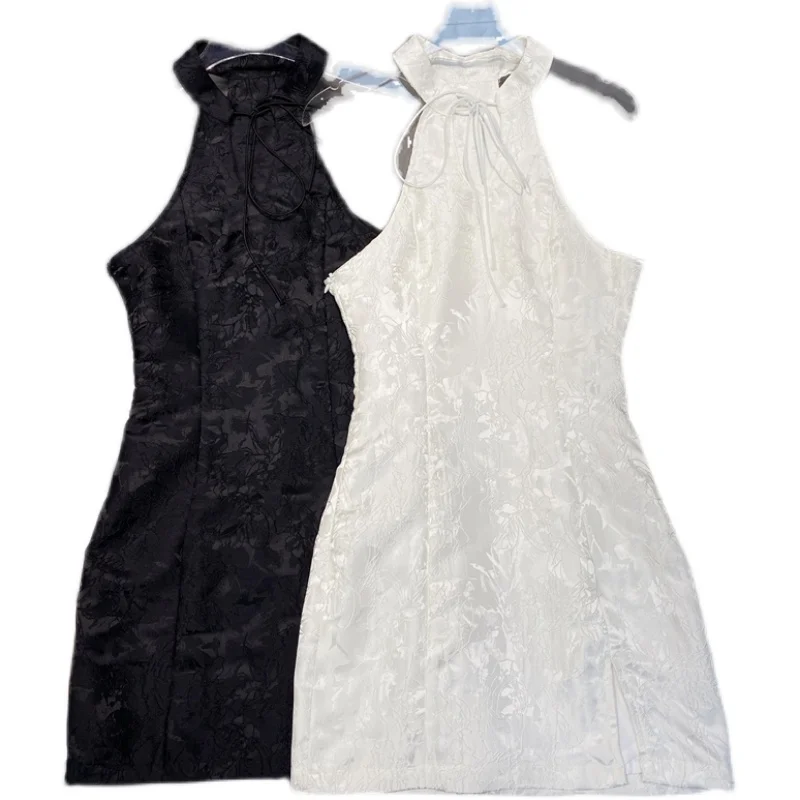 

2021 Summer New Retro Cheongsam Cut Lace-up Sexy off-Shoulder Floating Pattern Dress