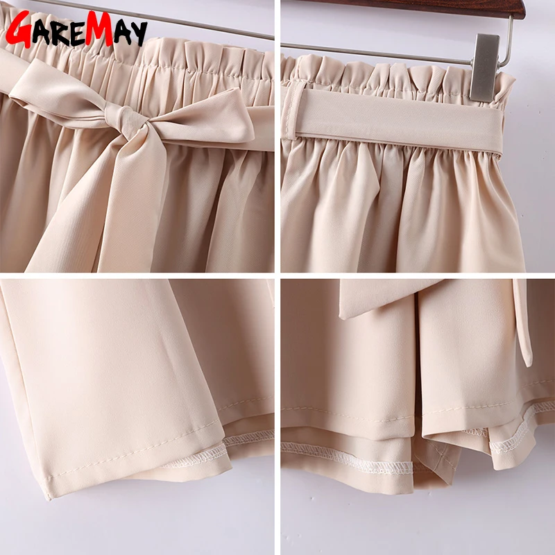 

GAREMAY Black Shorts For Women High Waist Ruffle Bow Summer Ladies Shorts Loose Pantalones Cortos Mujer Black Belt Short Femme