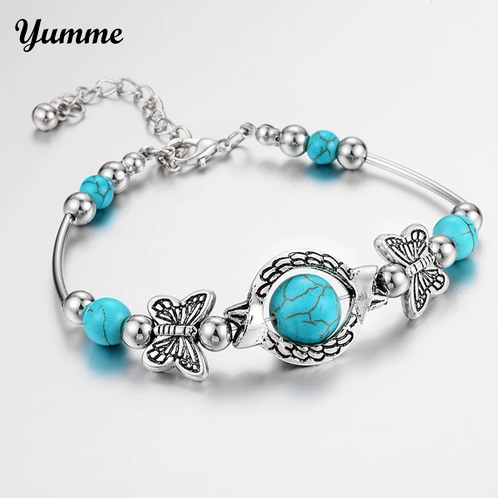 

Boho Vintage Turquoise Butterfly Bracelets For Women Charm Blue Beads Bracelet Fashion Personality Jewelry Gift Handmade #N
