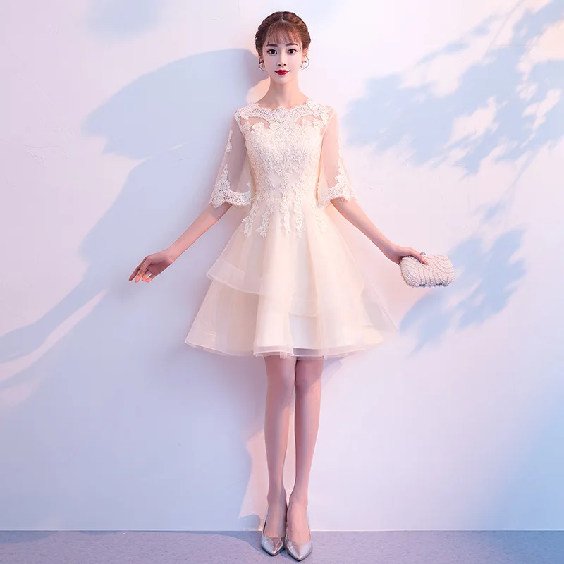 Элегантное кружевное вечернее платье с вышивкой модное короткое круглым вырезом