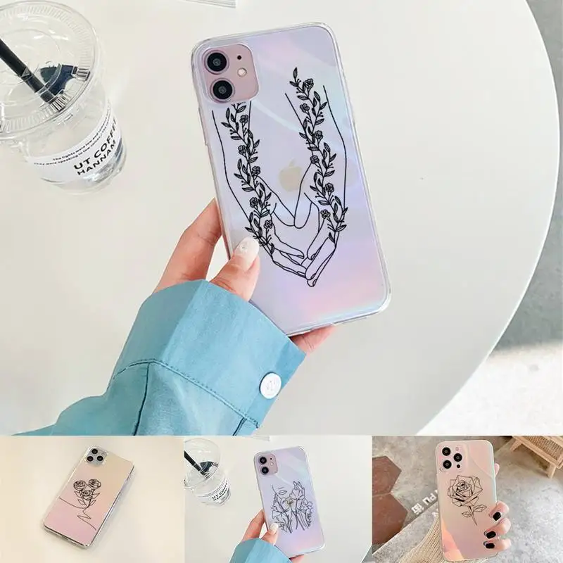 

Love yourself Flower Art Line Phone Case for iPhone xiaomi redmi 7 8 9 11 12 10 S X XS XR MINI Pro Max Plus laser Transparent