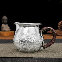 pure silver 999 fair cup handmade engraved peony bright face chinese silver tea dispenser for home tea ceremony