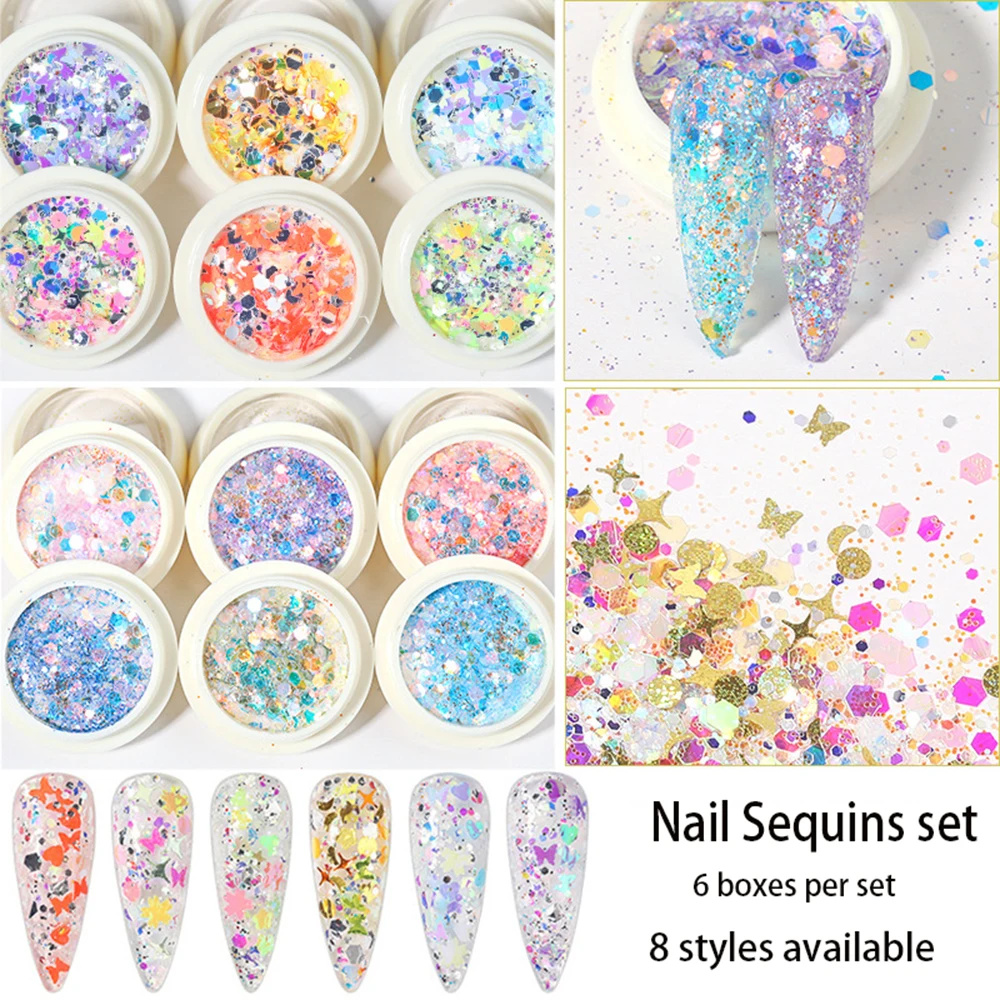 

6 Коробки/комплект с блестками комплект яркий Цвет ногтей Лазерная Блеск порошок Фея гвоздь порошок титана Блестки для нейл Арта (искусство ...