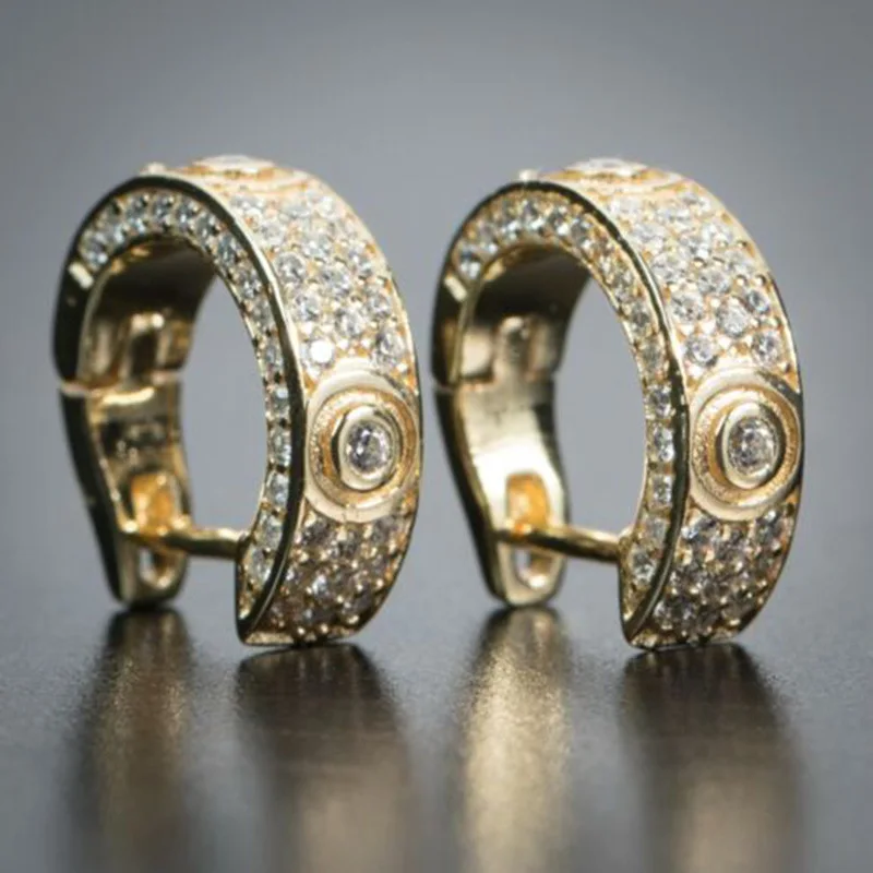 

Gold Color Round Ear Buckle Earrings with Bling Zircon Stone for Man Women Hip Hop Fashion Party Jewelry 2021 New