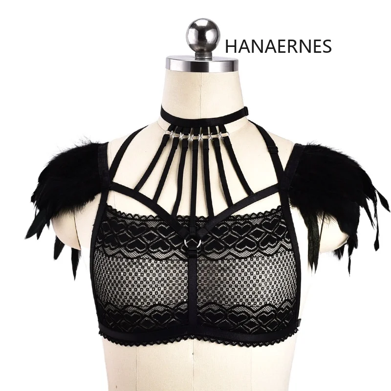 

Woman Punk Style Elastic Harness Bra Belts Sexy Lingerie Body Bondage Caged Bralette Gothic Adjustable Bra Sexy Feather Garters