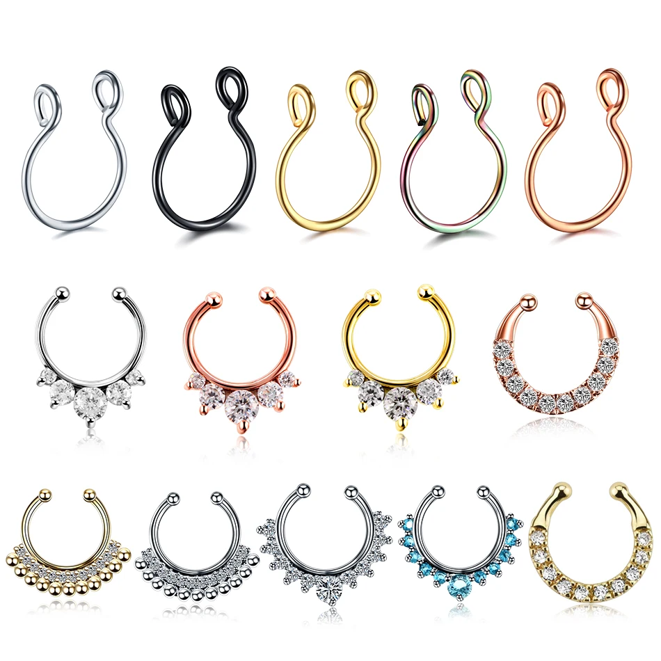 

1PC 8mm Zircon Fake Septum Piercing Nose Ring Hoop Nostril Earring For Girl Men Faux Body Clip Ring Non Body Jewelry Non-Pierced