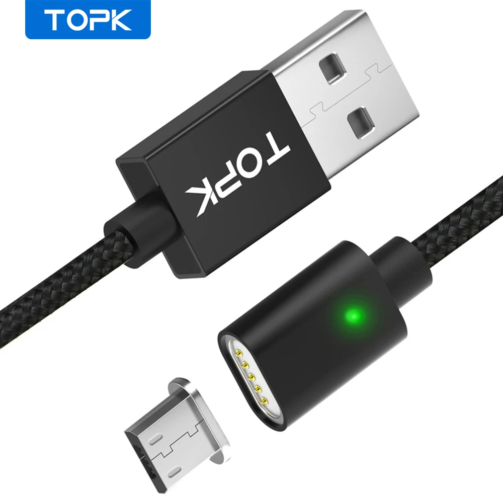Магнитный Micro USB кабель TOPK AM21 со светодиодной подсветкой нейлоновый Плетеный