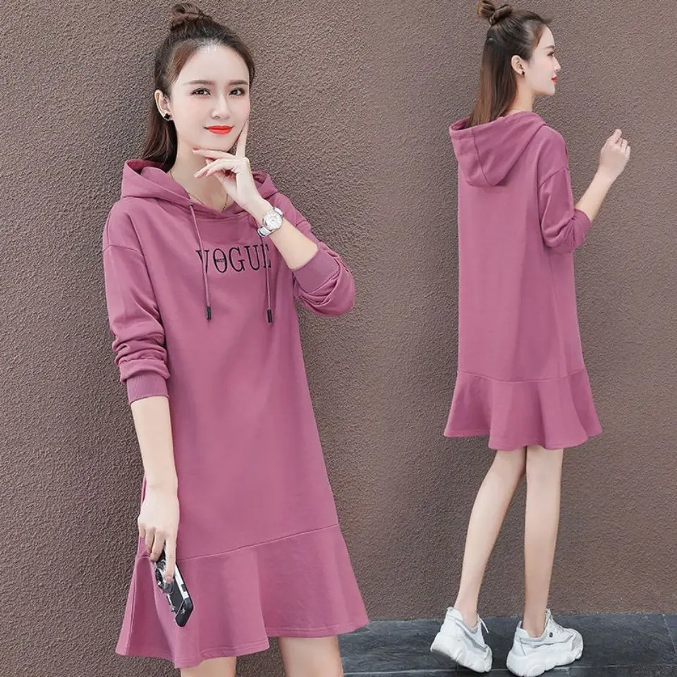 

Hooded Sweater Skirt Mid-Length Long-Sleeved Dress New Loose Casual Skirt Woman Dress Vestido De Mujer Femme Robe