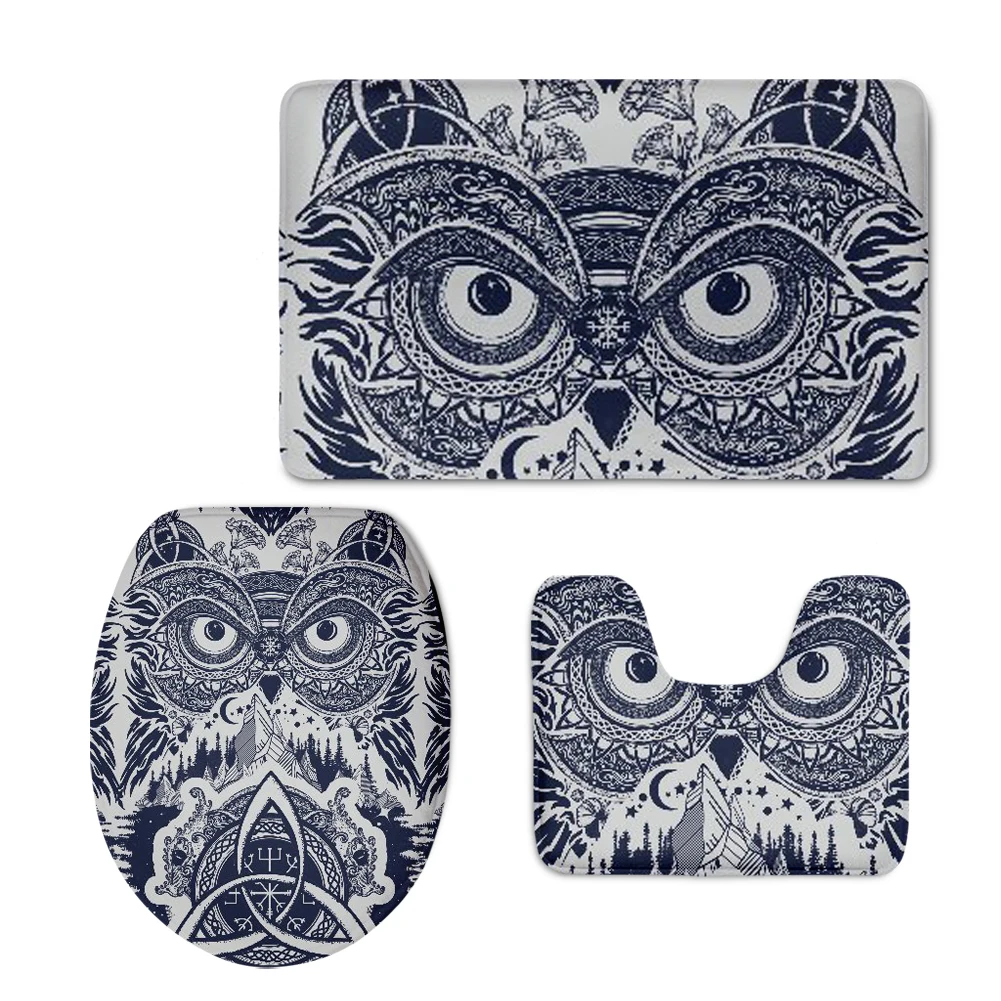 

Retro Style Owl Ornamental Toilet Seat Covers Washroom Bath Accessories 3Pcs Set Mats Non-slip Bathroom Carpets Washable WC Rugs