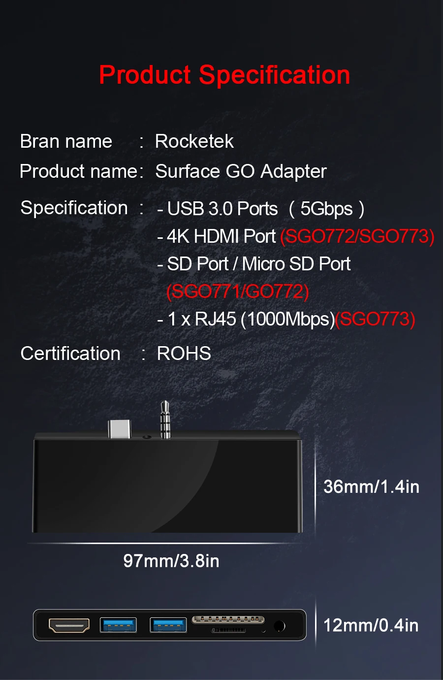 Rocketek USB 3,0 концентратор-картридер 4K HDMI 1000 Мбит/с гигабитный Ethernet адаптер SD/TF micro SD 3,5 мм аудио для microsoft Surface GO