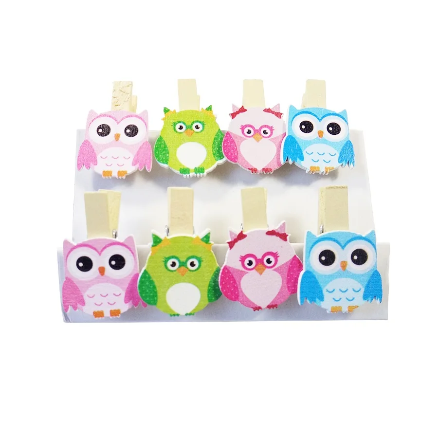 8 Pcs/lot Cartoon Owl Wooden Paper Clip Bookmark For Album Message Mini Natural Clips Craft Decoration Pegs | Дом и сад