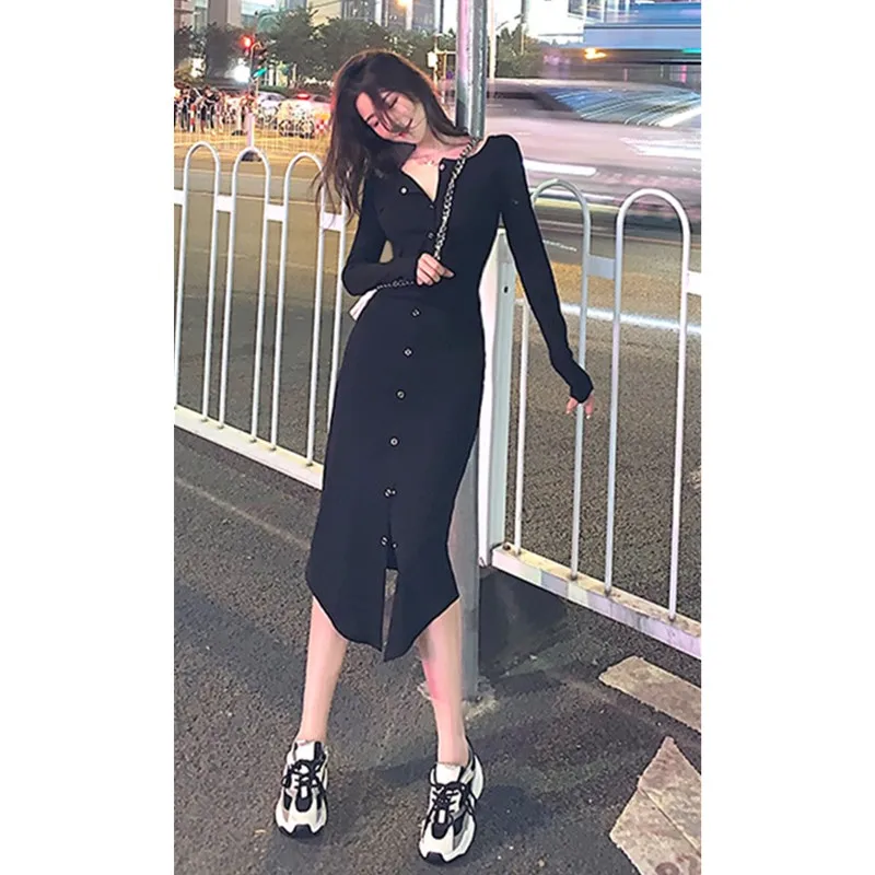 

Real shot 2019 new fashion slim temperament bag hip split long sleeve bottoming dress