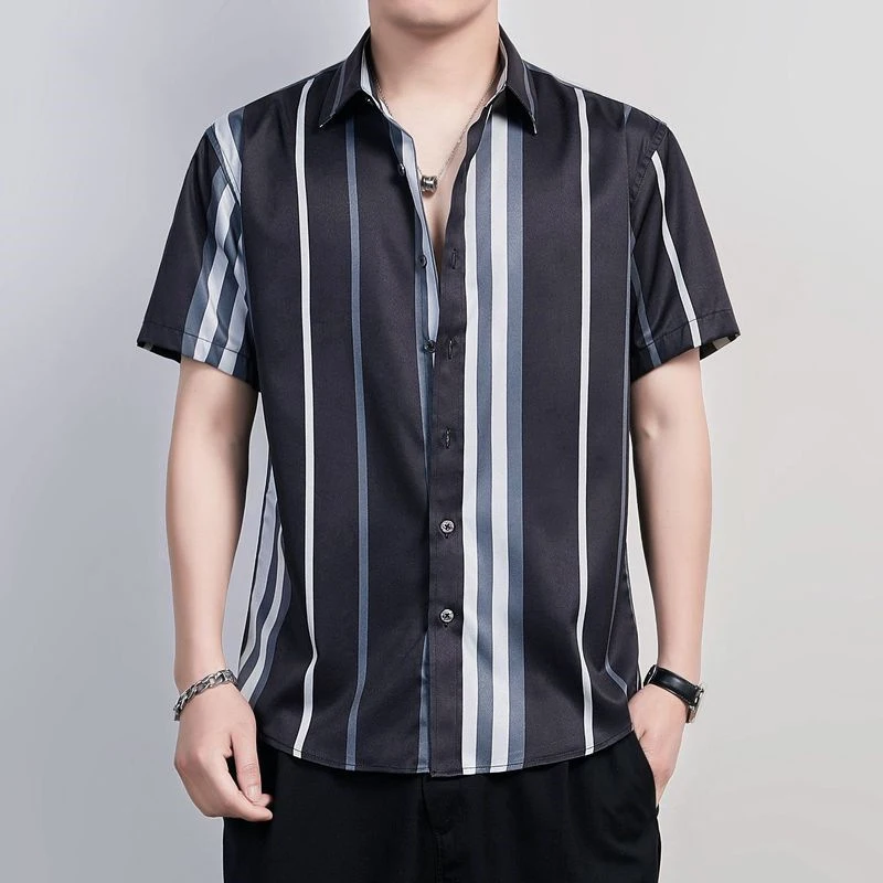

Summer Short Sleeve Thin Casual Striped Shirt Comfortable Breathable Silky Shirts for Men Chemise Homme Men Clothing Easy Care