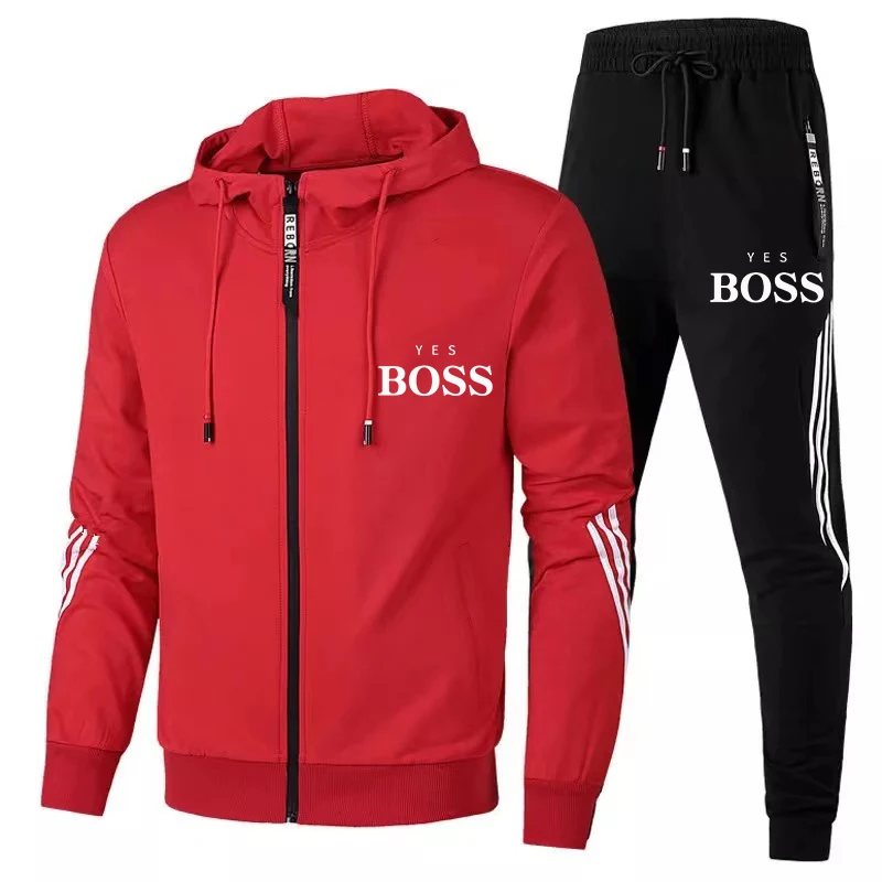 

2021 new YES BOSS hooded sportswear with striped zipper jacket pants casual outdoor sports couple fitness clothes fashion trend