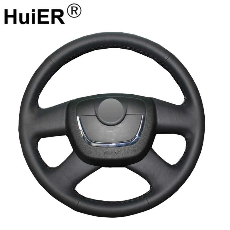 

HuiER Hand Sewing Car Steering Wheel Cover Black Leather For Skoda Octavia a 5 a5 2012 Yeti 2009 Skoda Octavia Superb 2012 Fabia