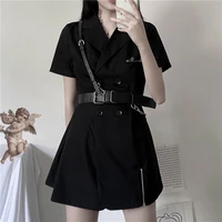 lady punk gothic dress short sleeve tops with belt suit black dress