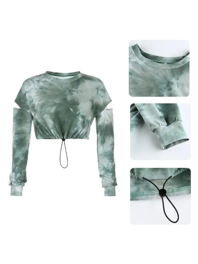 

Women Cut Out Long Sleeve Sweatshirt Tie-Dye Drawstring Hem Pullover Crop Top