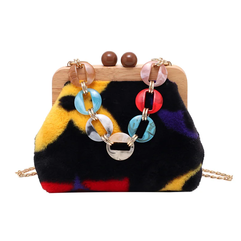 

New Plush Patchwork Buckets Cute Bow Drawst Crossbody Bag Luxury Faux Fur Chain Messenger Bags
