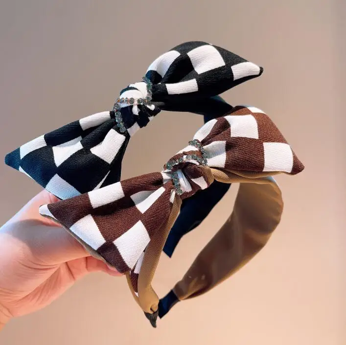 

Autumn new retro style black and white checkerboard three-dimensional bow cute personality drill knot women headband jewelry