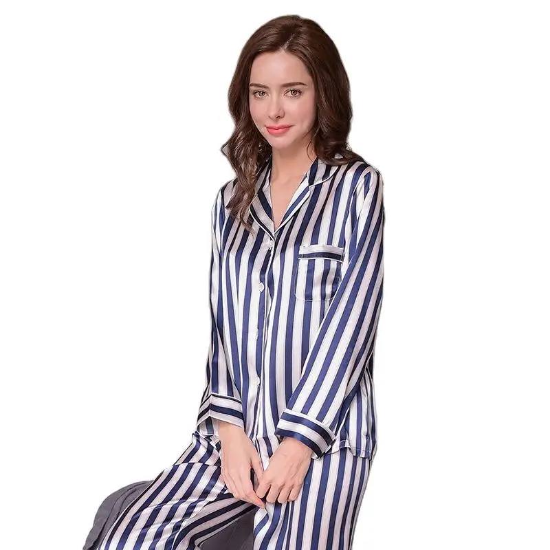 Fashion Genuine Silk Women Pajamas Striped Printed Long-Sleeve Pyjama Long Pants Sets 100% Silkworm Silk Sleepwear Female T8131