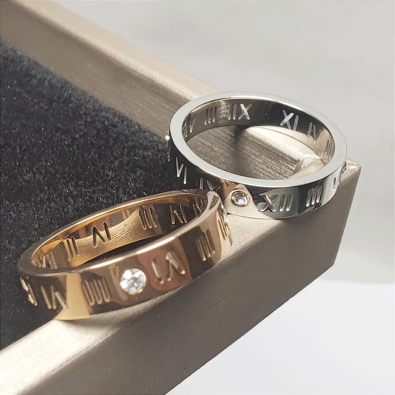 

Fashion Silver Rose Gold Stainless Steel Ring With 4 Crystal For Men Women 4 MM Roman Numerals Hollow Ring For Couple Jewelry