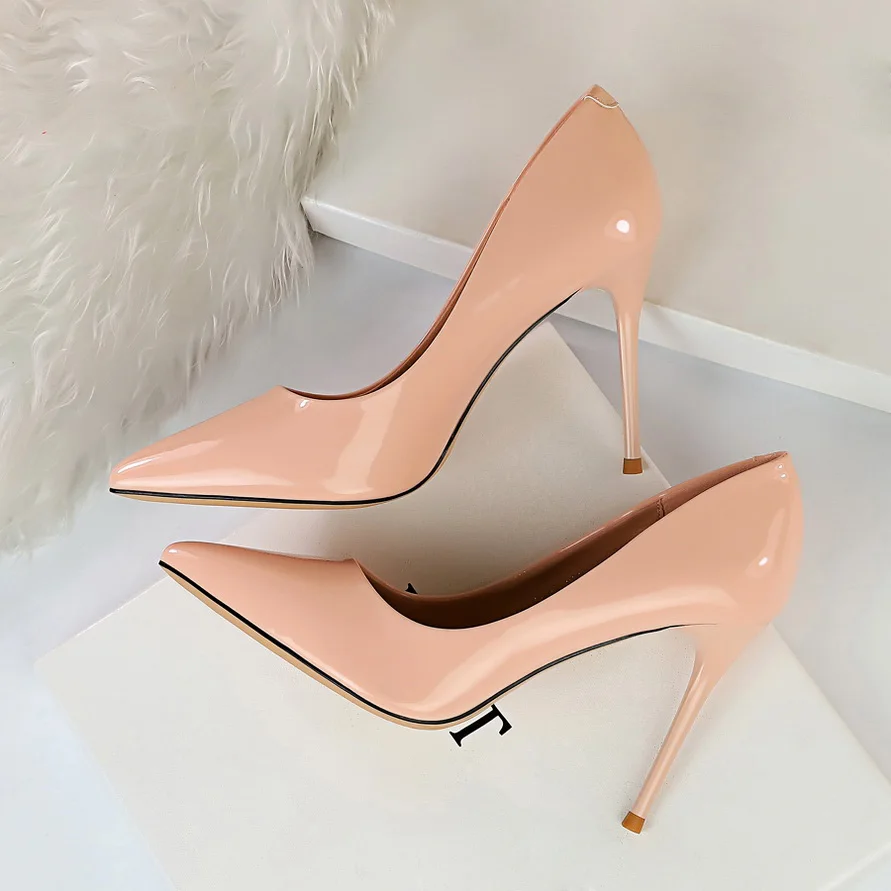 

2019 Women 9.5cm High Heels Wedding Pumps Lady Pointed Toe Peach Pink Classic Styles Heels Scarpins Talon Office Stripper Shoes