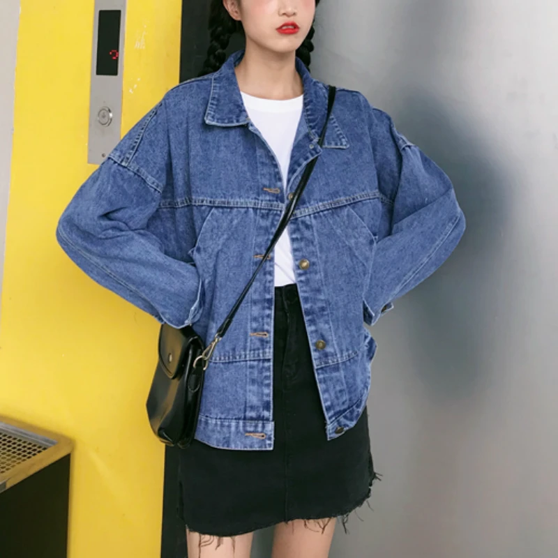 

2021 Spring Long Sleeve Loose Blue Denim Jackets Korea Women Big Pocket Single-breasted Turn Down Jeans Coats Mujer New Fashion