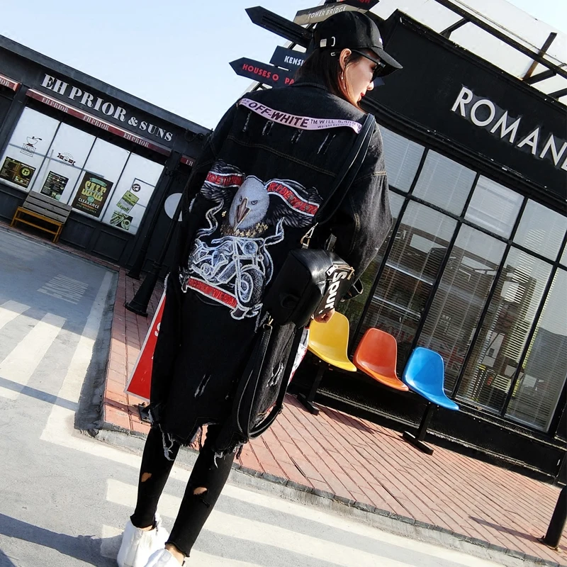 

Street tide brand 2020 autumn new Harajuku badge patch worn in the long section lapel personality street beat denim jacket