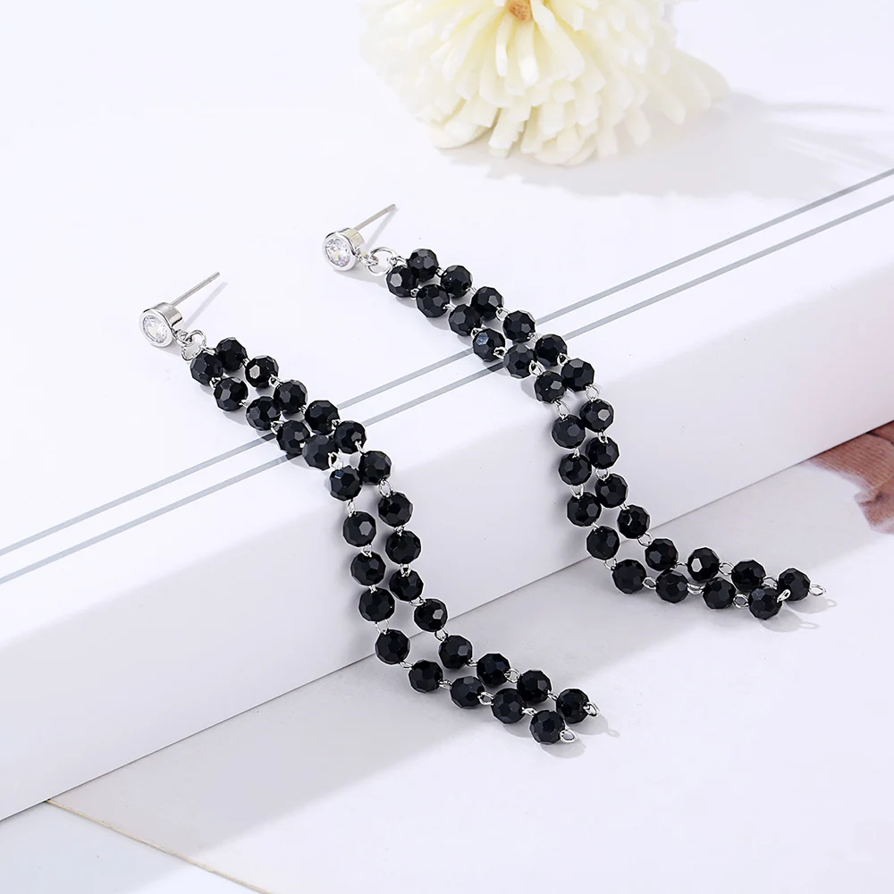 

Long Black Crystal Tassel Earrings For Women Gold Color Steel Earrings Party Wedding Fashion Jewelry Gifts Bijoux Brincos 2019
