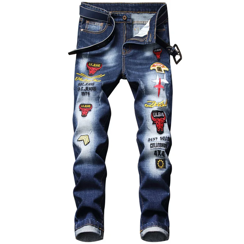 

2C Spring Men's Jeans Slim Straight Tube Hole Flower Blue Trousers custom logo print on product and package from 1pc dropship