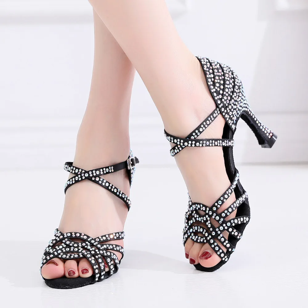 Salsa Jazz Women Latin Dancing Shoes Satin Social Professional Line Women Heels Ballroom Outdoor Dance Black