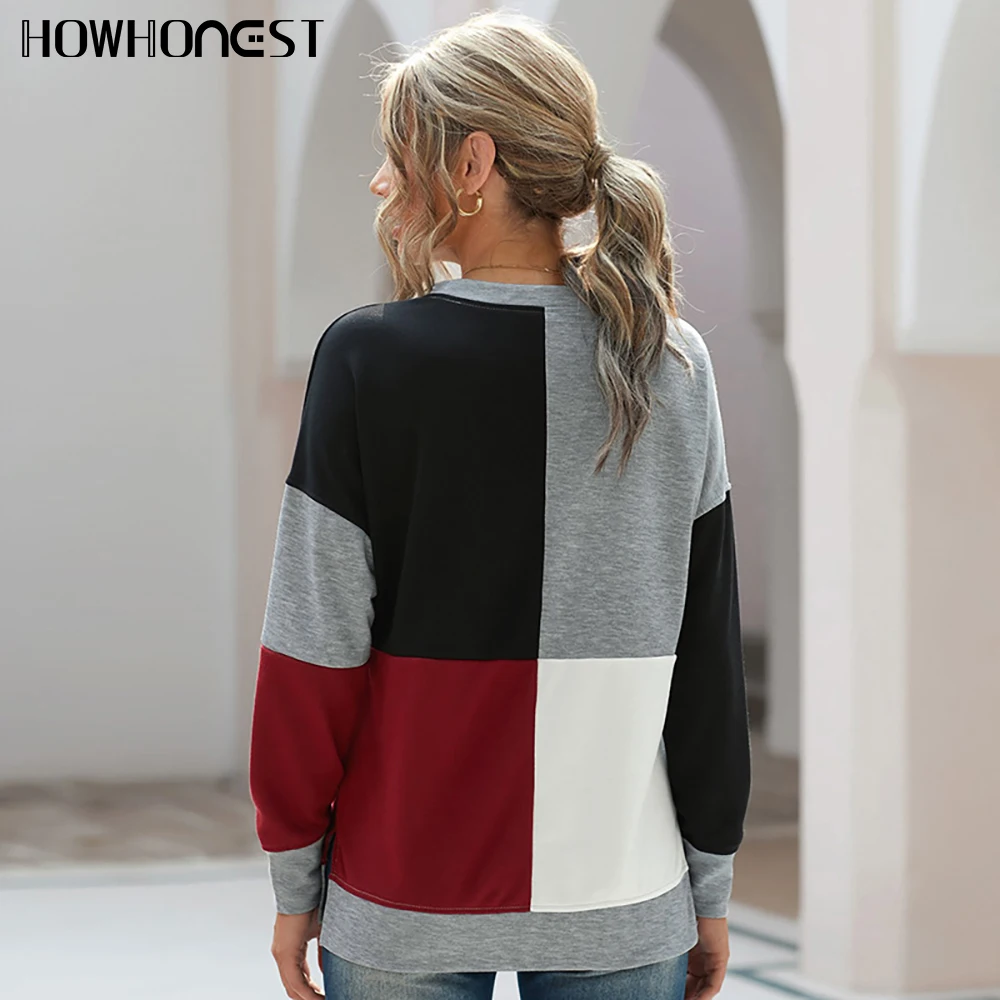 Свитшот женский с круглым вырезом пуловер цветными вставками худи длинным