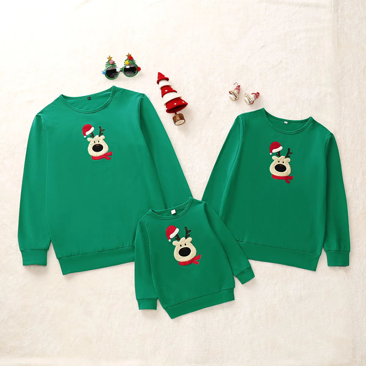 Christmas Clothes Mom Dad Kids Green deer head Long Sleeve Pullover Sweatshirt Jumper Family Matching Warm Autumn Casual Tops