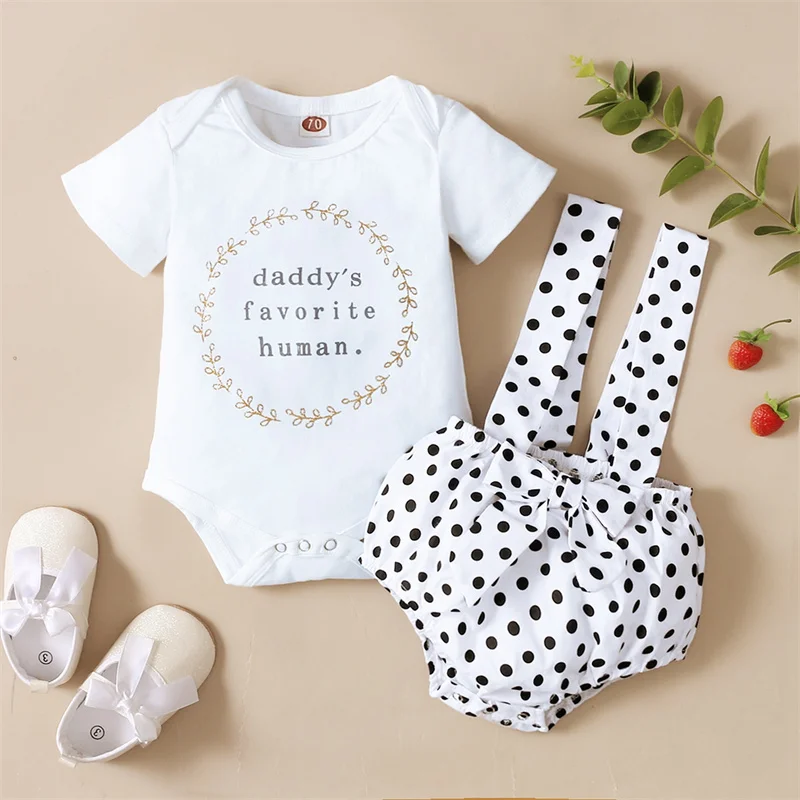 

Toddler Infants Summer Casual Outfit Baby Boys Girl Letters O-Neck Short Sleeves Romper + Polka Dot Suspenders Shorts Streetwear