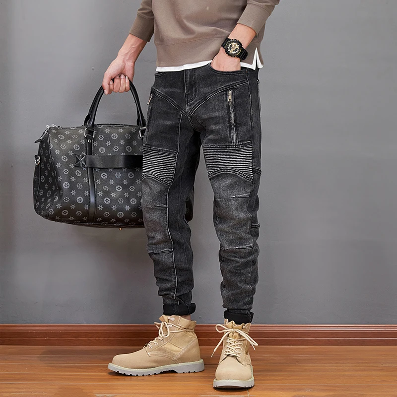 American Street Style Fashion Men Jeans Retro Black Gray Elastic Slim Fit Spliced Designer Biker Jeans Men Hip Hop Denim Pants