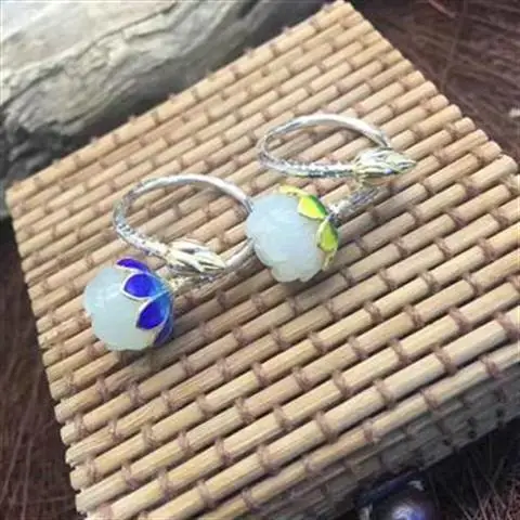 

[Flower] S925 Sterling Silver Ornament Hetian Jade White Jade Fashion All-Match Women's Open Ring Vintage Ring Little Finger Rin