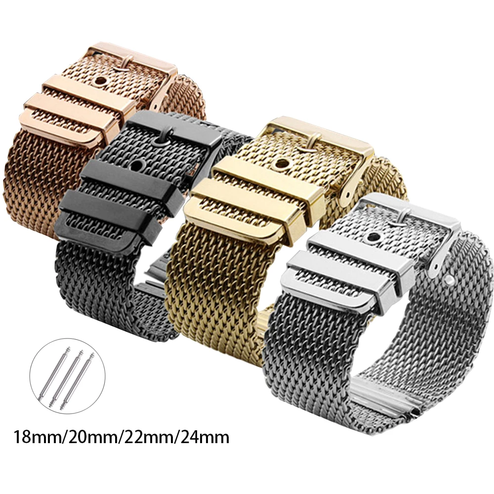 18mm 20mm 22mm 24mm Milanese Mesh Watchband Stainless Steel Metal Strap Men Women 1.0/0.4mesh Pin Buckle Bracelet Accessories