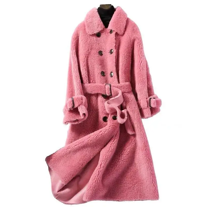 2021 New Autumn Winter Women Elegant Solid Thick Warm Lambswool Real Wool Fur Jacket Female Sheep Shearing Long Coats Parka Z265