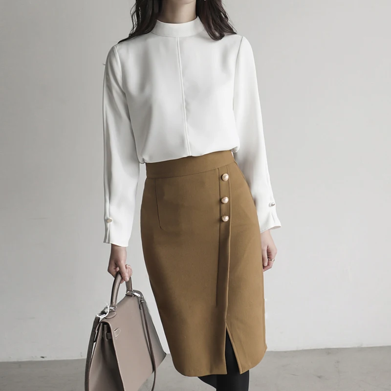 

2020 High Quality High Waist Split Women's Mid Skirt Summer Beading Office Lady Mid Hip Skirt Solid Casual Women Mid Skirt Femme