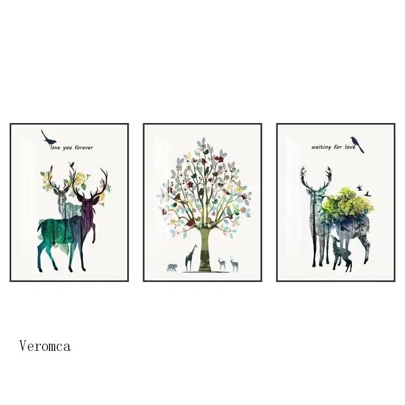 

Modern Minimalist Abstract Cartoon Elk Poster Colorful Feather Love Tree Canvas Painting Print Living Room Home Decoration