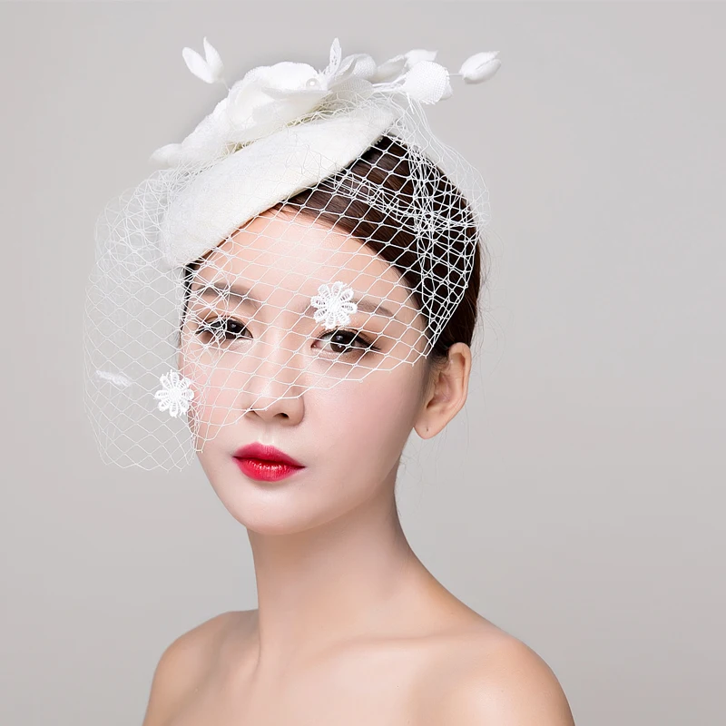 

Bride studio photo headdress lace linen shallow white hat hair ornaments wedding dress accessories women fasinator hat Hair Clip