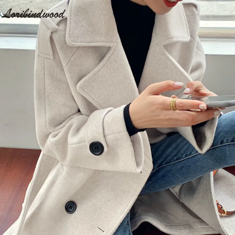 

Woolen Coat Women's Mid-length Section 2021 New Korean Style Over-the-knee Small Man Hepburn Style Waisted Woolen Coat
