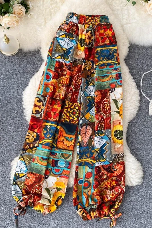 

Bohe Vintage Ethnic Print Wide-Leg Pants for Women Summer 2021 New High Waist All-Matching Chiffon Vacation Bloomers Crop Pants
