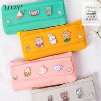 litzy kawaii pencil case with animal brooch pencil bag cute canvas pen pouch for student pen box school office stationery supply