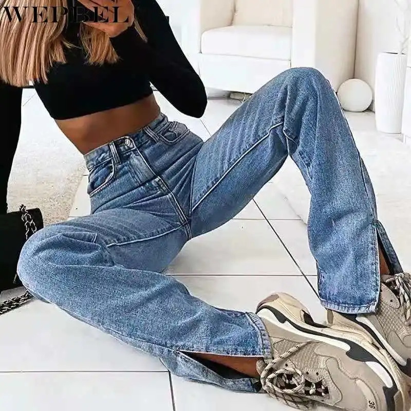 

Джинсы WEPBEL Женские однотонные, модные повседневные брюки из денима с завышенной талией, на пуговицах, с карманами, с разрезом и широкими шта...