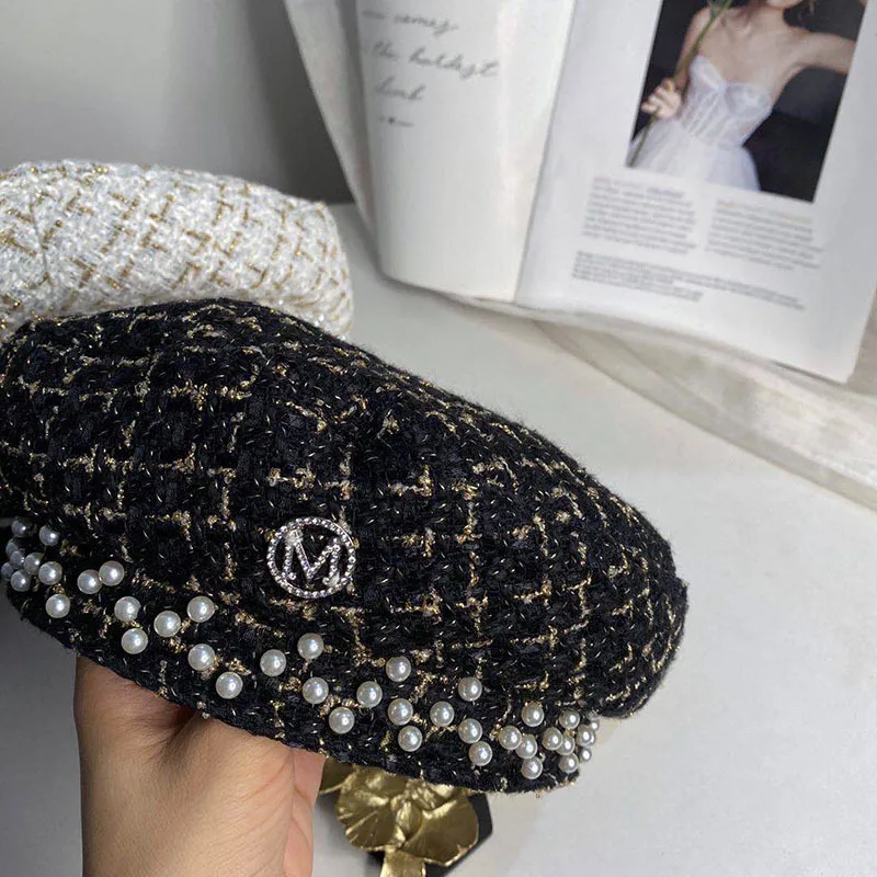 202008-chui  gold line plaid M letter pearl  lady  beret   hat women Leisure painter  hat