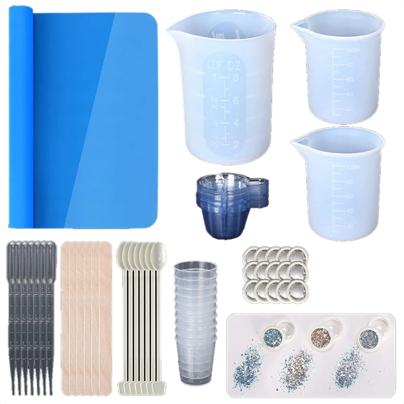 

130 Pieces Epoxy Resin Crystal Glue Tool Set Silicone Resin Mat Measuring Cups Wood Stir Sticks Resin Mixing Spoon