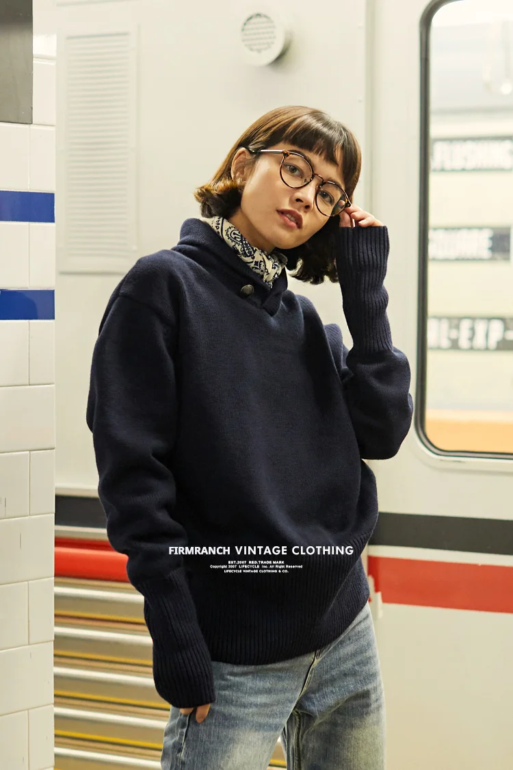 

New Men/Women Couple Fall Winter American Vintage Navy Shawl Collar Woollen Sweater U.S.N Thick Casual Pullover