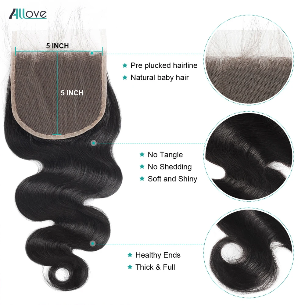 Allove бразильские волнистые волосы пряди с закрытием бесплатная часть 5X5 Кружева